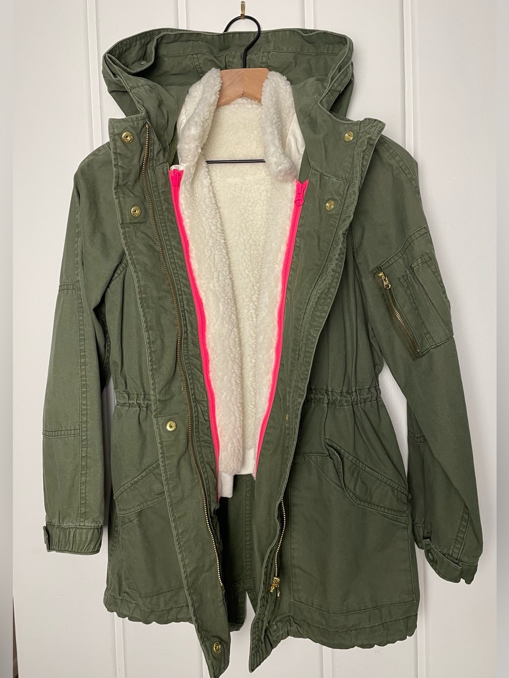 GAP Olive Green Hooded three in one jacket with Ivory Sherpa Vest Kids XL